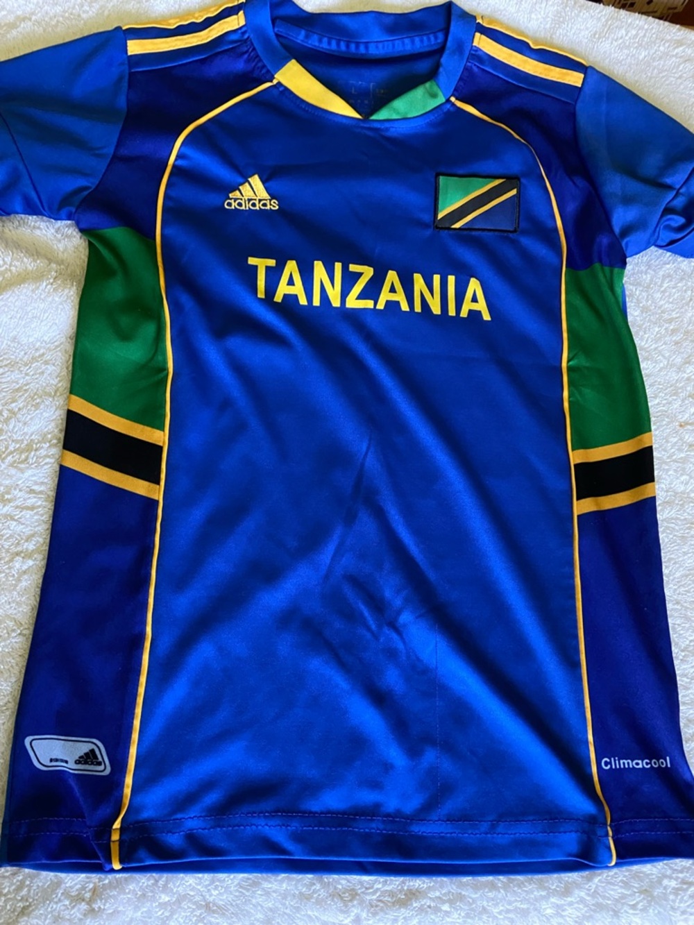 adidas Blue Tanzania Kids Soccer Jersey with Green & Yellow Accents